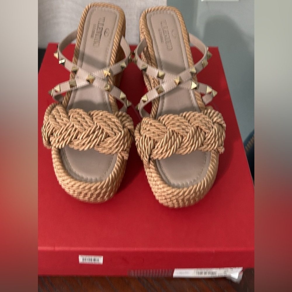 Valentino Garavani Tan Espadrille Sandals with Gold Studs